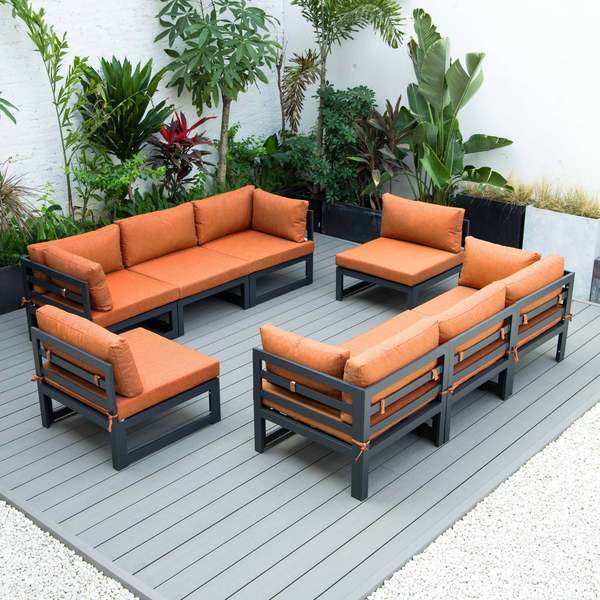 Leisuremod Chelsea 8-Piece Patio Sectional Black Aluminum With Orange Cushions CSCMBL-8OR